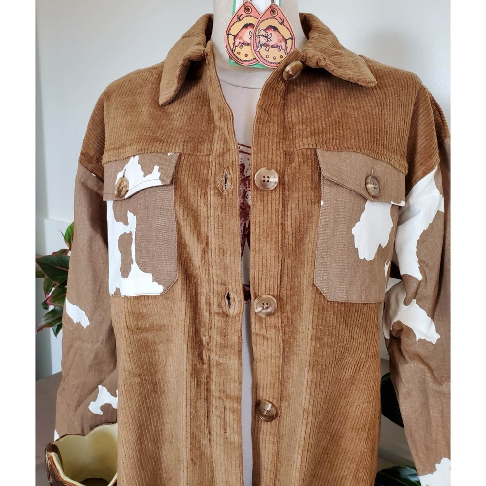. Boutique Brown Cow Print Oversized Button Up Long Sleeve Corduroy Shacket - Picture 9 of 14